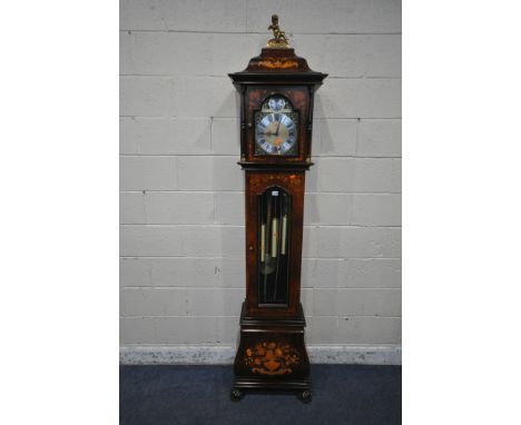 DIAMANTINI AND DOMENICONI, AN ITALIAN REPRODUCTION LONGCASE CLOCK, the hood with a brass child seated atop, marquetry inlay, 