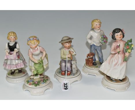 FIVE GOEBEL BLUMENKINDER FIGURES, comprising Apronful of Flowers 225/7/51, St Valentine's Messenger 217/7/105 (missing part o