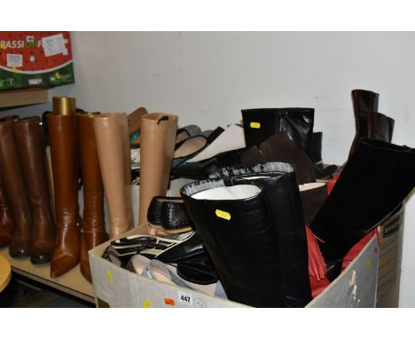 FIVE BOXES AND LOOSE OF LADIES AND MENS FOOTWARE, to include, shoes, kitten heel sandals, dolly shoes, knee high boots, ankle