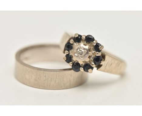 TWO 18CT WHITE GOLD RINGS, the first a diamond and sapphire cluster ring with tapered textured band, ring size K, the second 