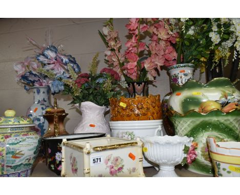 A GROUP OF LARGE CERAMIC ORNAMENTS to include a hand painted colourful oriental ginger jar, assorted Staffordshire planters i