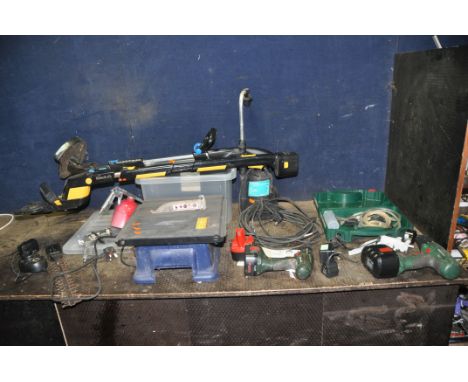 A COLLECTION OF POWER TOOLS including a G Tech 18v pole hedge and branch trimmer with power supply (earth pin missing from po