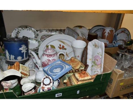 FOUR BOXES OF MIXED CERAMICS AND GLASSWARE FROM NAMED MANUFACTURERS to include a blue Wedgwood Jasperware biscuit barrel, a b