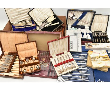 A BOX OF ASSORTED BOXED CUTLERY SETS, to include a cased set of fish eaters fitted with ivorine handles, a set of six tea kni