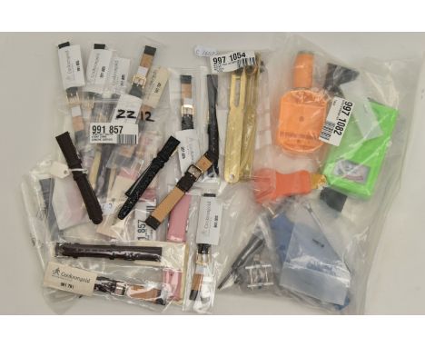 AN ASSORTMENT OF WATCH TOOLS AND STRAPS, to include a watch repair kit, two watch case openers, together with twenty one asso