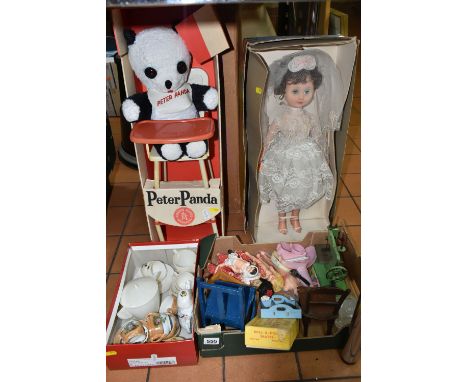 TWO BOXES AND LOOSE VINTAGE DOLLS AND TOYS to include a large boxed Rosebud teenage doll, a boxed Rosebud Peter Panda in high