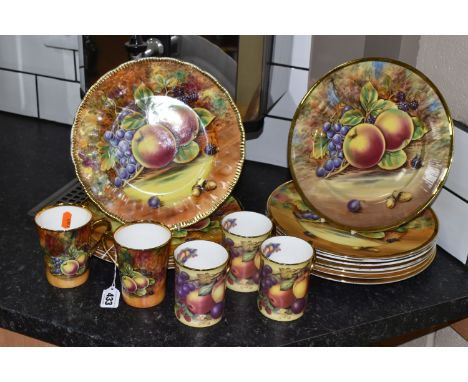 A GROUP OF ORCHARD FRUITS DESIGN PLATES AND MUGS to include three M &amp; A Bloor plates, eight Baroness plates, two unmarked