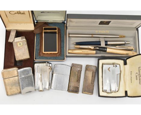 ASSORTED LIGHTERS AND PENS, to include three Ronson, a Colibri, a gold plated and black enamel Molectric, two Dunhill lighter
