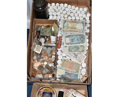 A LARGE AND HEAVY BOX OF WORLD COINS, to include Pre Decimal UK coins sorted into packets, other loose world coins and commem