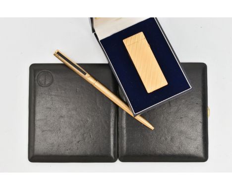 THREE DUNHILL ITEMS, to include an engine turned Dunhill lighter, with maker's case and guarantee, a hinged leather cigarette