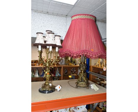 TWO LARGE TWENTIETH CENTURY STYLE TABLE LAMPS, comprising of a gilt metal candelabra lamp with a cherub supporting six lights