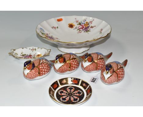 A COLLECTION OF ROYAL CROWN DERBY, comprising an Imari 1128 trinket dish, four Pheasant paperweights: one with integral ceram