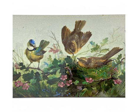 A late Victorian Minton Hollins rectangular horizontal fireplace tile, handpainted in polychrome glazes with a bluetit watchi