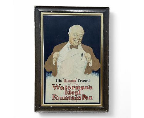 A rare 1920s Waterman's Ideal Fountain Pens lithographed advertising poster, showing Lewis Edson Waterman looking down and sm