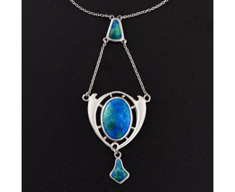 A late 19thC silver pendant necklace by Charles Horner (1837-1896), with a triangular suspender supporting a shield-shaped pe