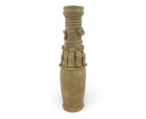 A 12thC Chinese Song Dynasty celadon glazed funerary urn, decorated with nine applied (Daoist?) figures in robes, with an app