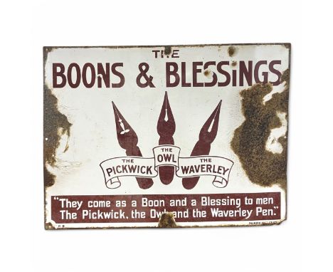 A rare Waverley Pen 'THE BOONS & BLESSINGS' enamelled metal sign, c1910, showing steel nibs labelled 'THE PICKWICK', 'THE OWL