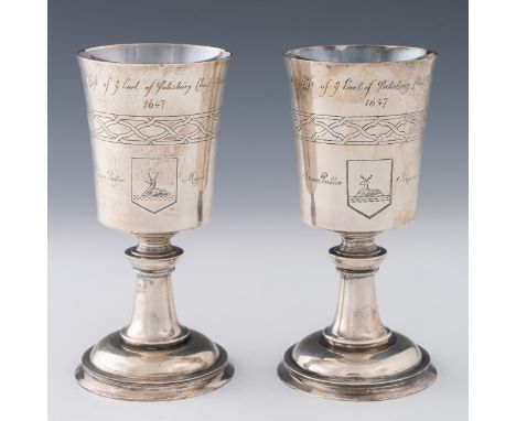 A pair of Garrard & Co silver goblets, reproductions of The Elizabethan Hertford Chalice, celebrating the 1300th anniversary 