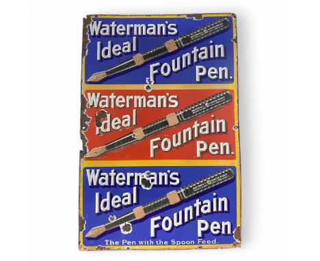 A 1920s Waterman's Ideal Fountain Pen enamelled metal sign, in three parts, each coloured in red or blue with yellow borders,