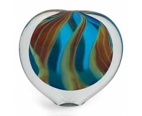 Peter Layton (British, b.1937), a 'Cascade' range 'Stoneform' contemporary studio glass vase, with swirling blue, orange and 