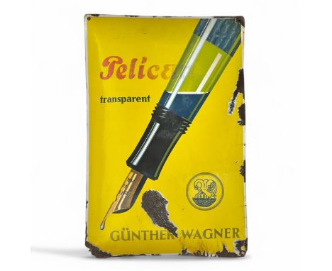 A 1940s German Pelican Günther Wagner convex curved enamelled metal sign, advertising the 'transparent' ink viewing window, w