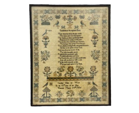 An early 19thC sampler, embroidered by Caroline Allen of Tiverton in her 12th year of age, dated March 24th 1836, with a geom