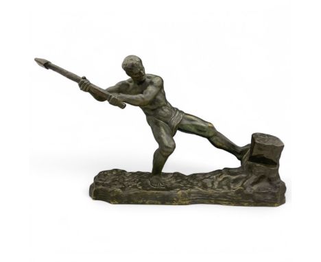 A 1920s-30s French Art Deco patinated bronze sculpture of a woodcutter or lumberjack, designed by Alexandre Ouline (active c1
