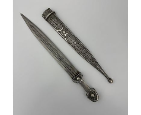 A late 19thC Caucasian Georgian or Turkish Ottoman Empire kindjal or khanjali dagger, the scabbard and hilt covered in white 
