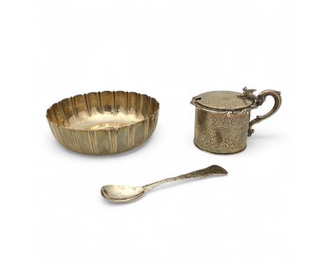 A mid-Victorian William Robert Smily silver lidded honey pot the cylindrical body chased with scrolling floral and foliate mo