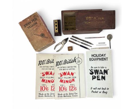 A very rare 1920s Mabie Todd & Co. Swan fountain pen repair kit, partially complete, the wooden box with sliding lid containi