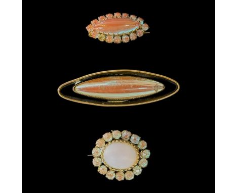 Three late 19thC or early 20thC Czech Saphiret and gilt metal brooches or pins, comprising an oval pin prong set with a centr