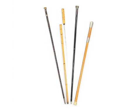 Three walking sticks or canes and a swordstick, comprising an early-mid 19thC hardwood gentleman 'boulevardier's' cane, with 