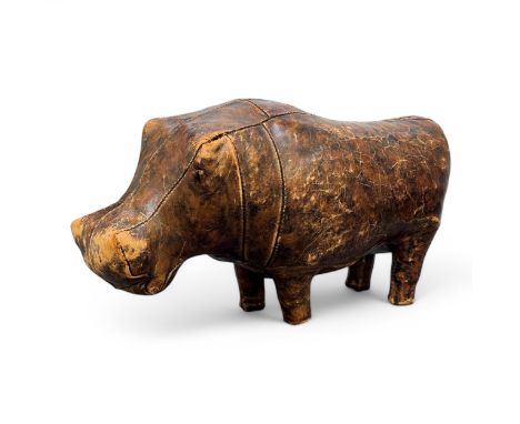 A 1960s-70s Omersa stitched brown leather hippopotamus, designed by Dimitri Omersa (1927-75), with folded and stitched eyes, 