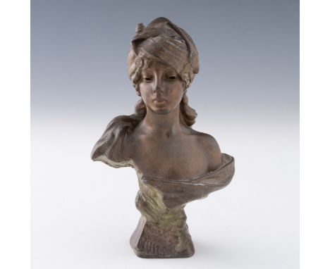 An Emmanuel Villanis (1858-1914) Art Nouveau 'Scheherazade' spelter bust sculpture c.1900, labelled to base 'MILLE UNE NUITS'