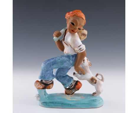 A Goldscheider pottery figure of a boy being bitten by a dog in the manner of Kurt Goebel, it depicts a hobo with bindle bein