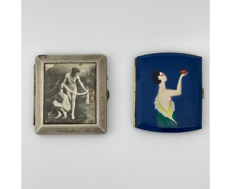 Two 1900s-20s erotic themed cigarette cases, comprising a nickel plated case with inset photographic image of two naked bathi