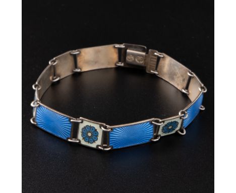 A mid century David Andersen Norwegian white metal and guilloche enamel bracelet, with alternating panels of blue guilloche e