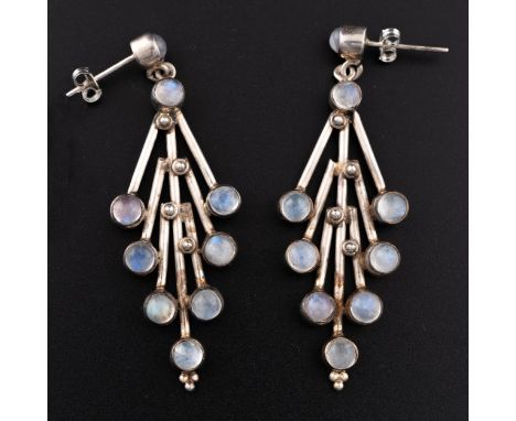 A pair of silver and moonstone chandelier earrings, stamped '925' on the reverse of each collet, the drop is 6.2cm, total wei