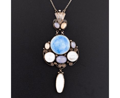 An Arts and Crafts pendant necklace, with a blue enamel cabochon with moonstones and with blister pearls and a blister pearl 