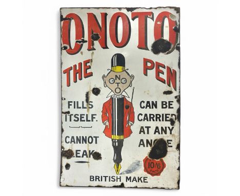 A rare 1920s De La Rue Onoto fountain pen enamelled metal advertising sign, finished in red, white, yellow and black, with 'O