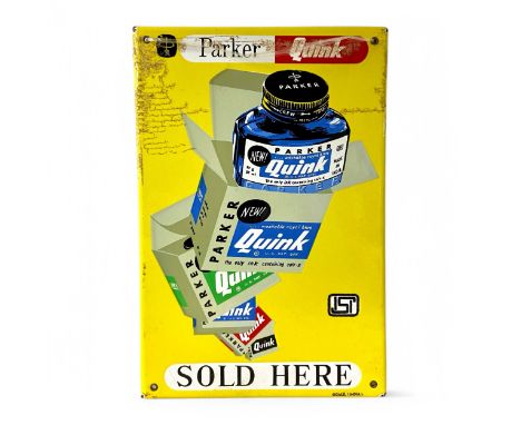 A 1950s Indian Parker Quink enamelled metal advertising sign, with flanges all round, finished in colours, showing Parker's Q