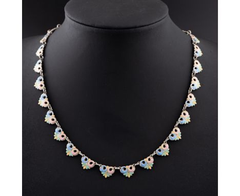 A silver and enamel necklace attributed to Bernard Instone c.1930, and is comprised of 28 linked enamelled panels in pastel s