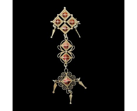 An early 20thC Marius Hammer gilt metal and guilloché enamel pendant brooch, marked on reverse '930 S' with his makers mark, 
