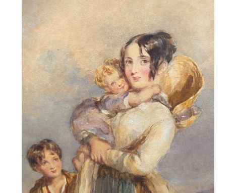 A charming Victorian watercolour of a young mother with her two children, looking at the viewer with her young son hugging he