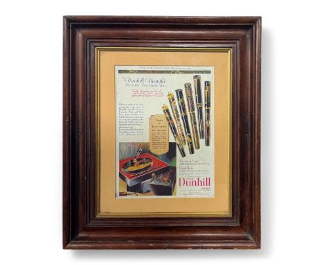 A magazine advertisement for Dunhill Namiki maki-e lacquer fountain pens and a desk base, from Punch, December 10th, 1930, sh