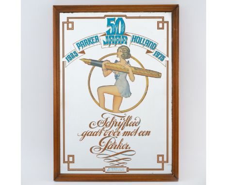 A Dutch Parker 75 1925-1975 50th year anniversary advertising mirror, finished in blue and gold, with printed words reading '