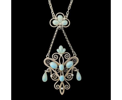 An early 20thC Arts and Crafts white metal enamelled pendant necklace, with ornate white metal and enamel elegant wirework, t