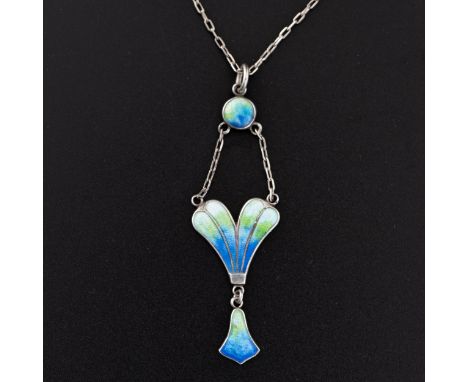A silver and enamel pendant necklace c. 1910, the feather-like blue, green and pale turquoise pendant is supported both sides