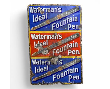 Two 1920s Waterman's enamelled metal signs, comprising a Waterman's Ideal Fountain Pen sign, in three parts, each coloured in