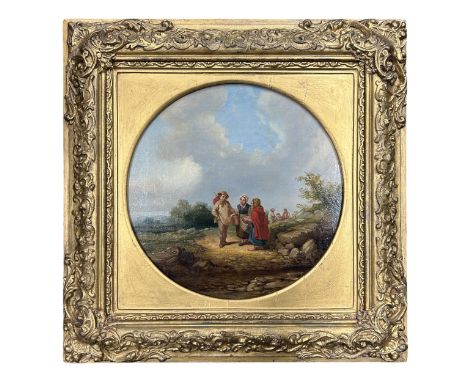 A mid-19thC oil on canvas tondo of a pastoral scene of a journeyman with pack and stick talking with two women on a road, wit